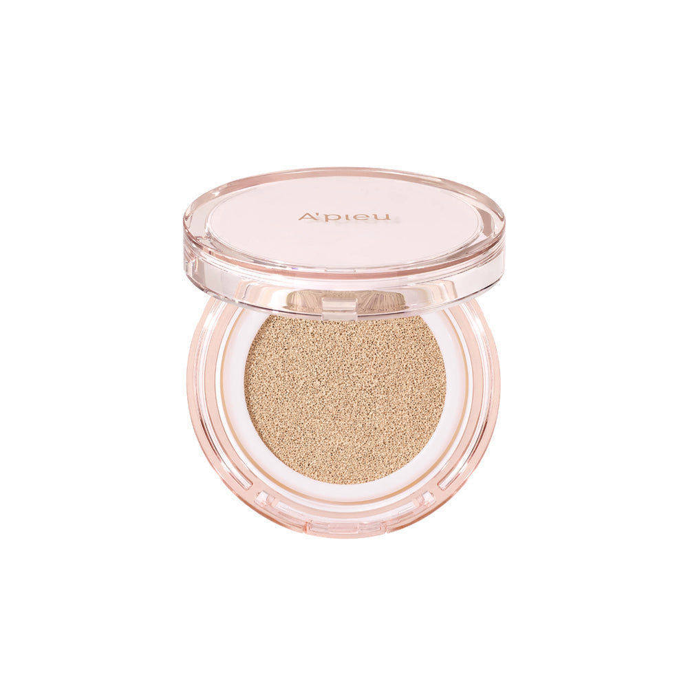 A'pieu Waterlock Cushion compact with the shade No.21 Light Beige, displayed in an open case showing the powder product.