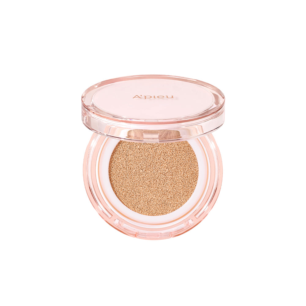 A'pieu Waterlock Cushion in a beige shade with a semi-matte finish, contained in a clear case with a pink lid.
