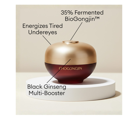 CHOGONGJIN Youngan Jin Eye Cream jar with 35% Fermented BioGongjin and Black Ginseng Multi-Booster to help energize tired undereyes.