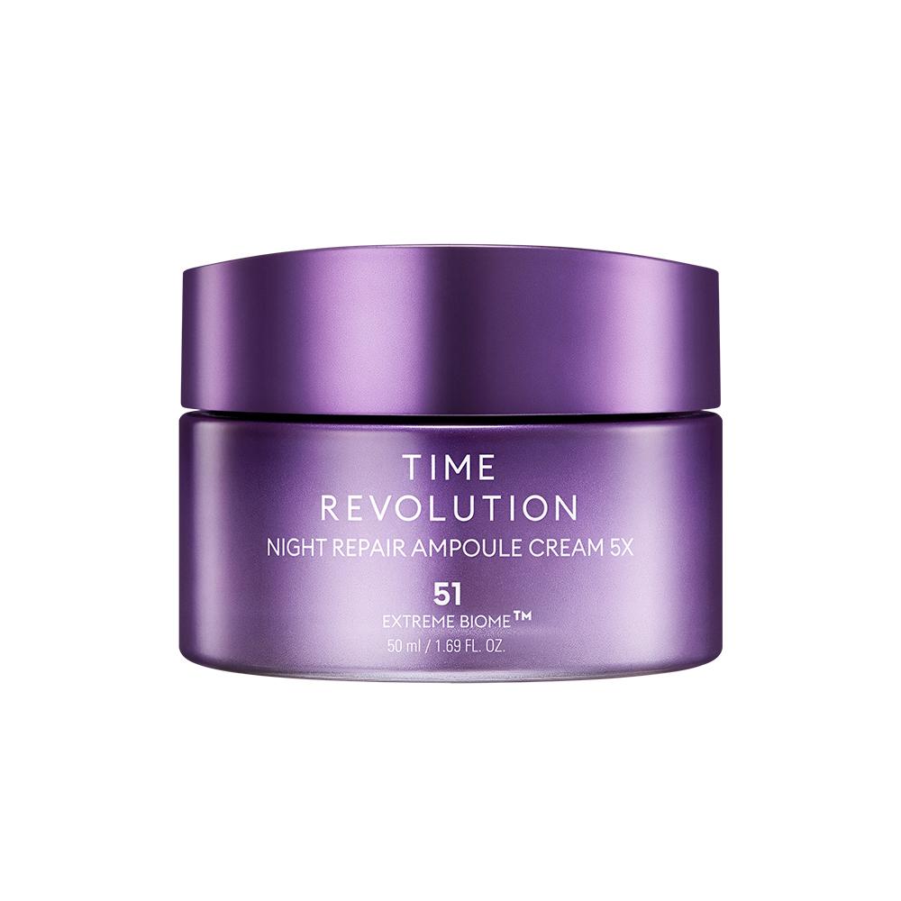 MISSHA Time Revolution Night Repair Ampoule Cream 5X in a sleek purple jar, featuring the Extreme Biome formula for firming and hydration