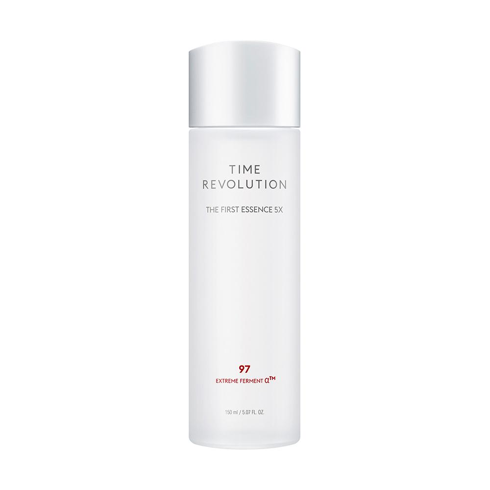 MISSHA Time Revolution The First Essence 5X full-size bottle with sleek white and silver design, featuring 97% Extreme Ferment α™ for bright, hydrated skin