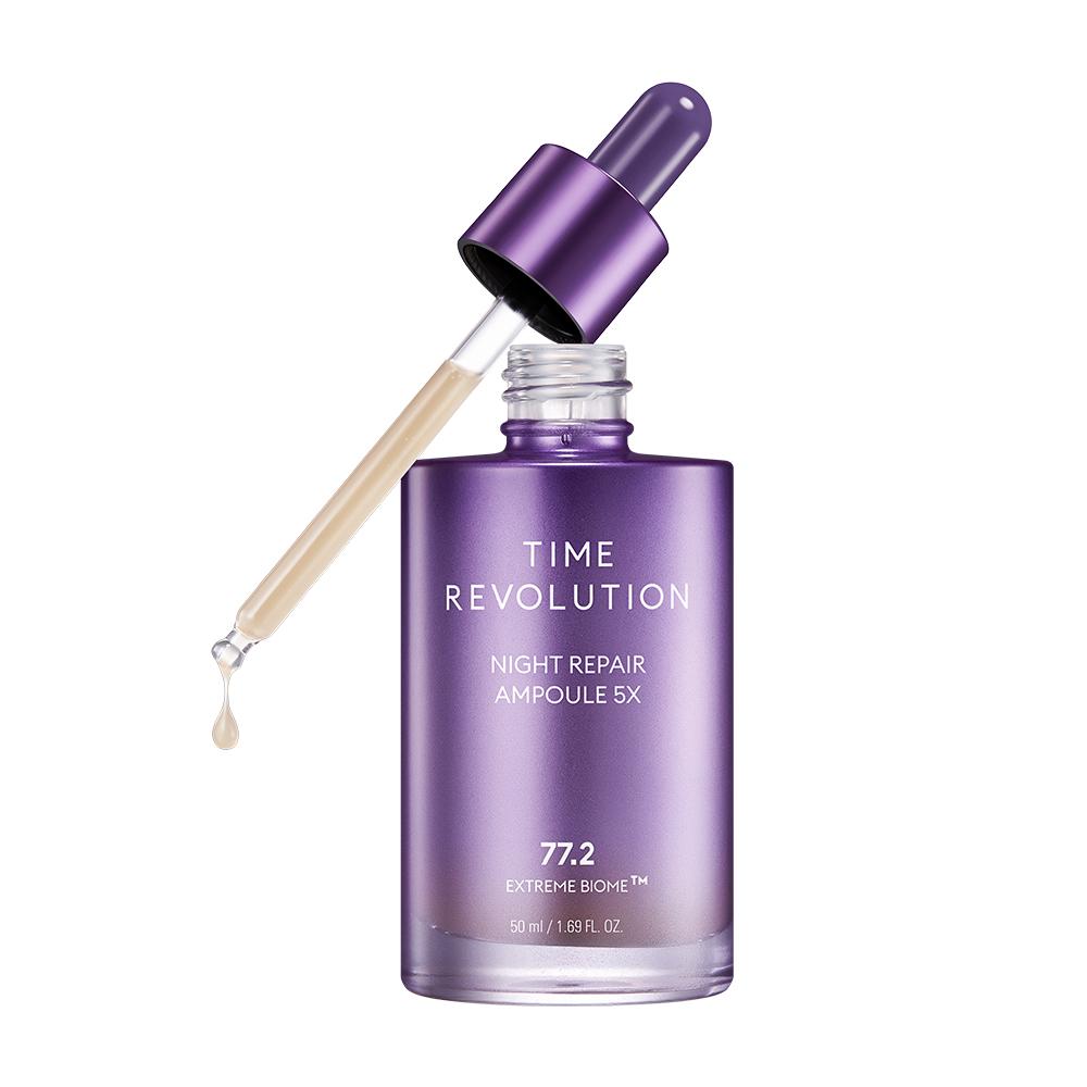 MISSHA Time Revolution Night Repair Ampoule 5X bottle with dropper, showing lightweight serum texture and signature purple packaging