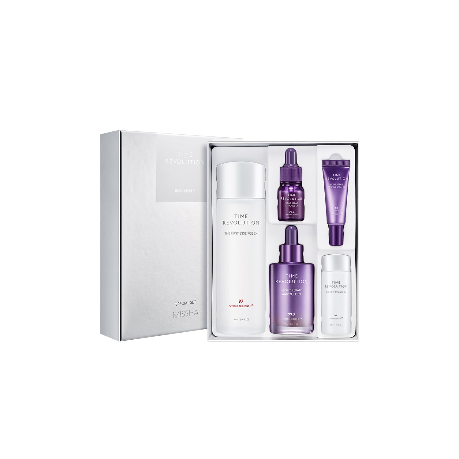 A cosmetic gift set by MISSHA, including a box and various skincare products such as essences and ampoules.