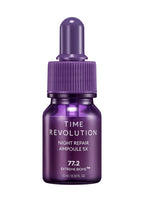 MISSHA Time Revolution Night Repair Ampoule 5X mini bottle with purple packaging, enriched with Extreme Biome™ for firmer, revitalized skin