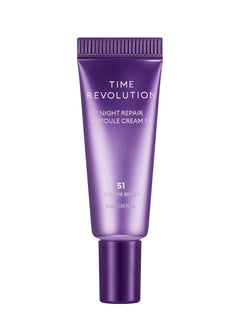 MISSHA Time Revolution Night Repair Ampoule Cream 5X mini tube in purple packaging, infused with Extreme Biome™ for firming and wrinkle care