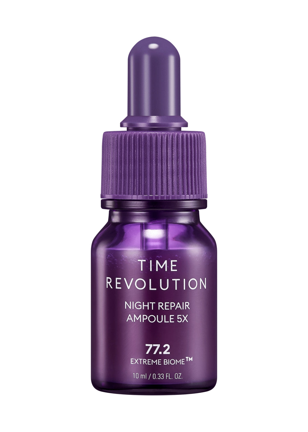 MISSHA Time Revolution Night Repair Ampoule 5X mini bottle in purple packaging, featuring Extreme Biome™ formula to revitalize and firm the skin.