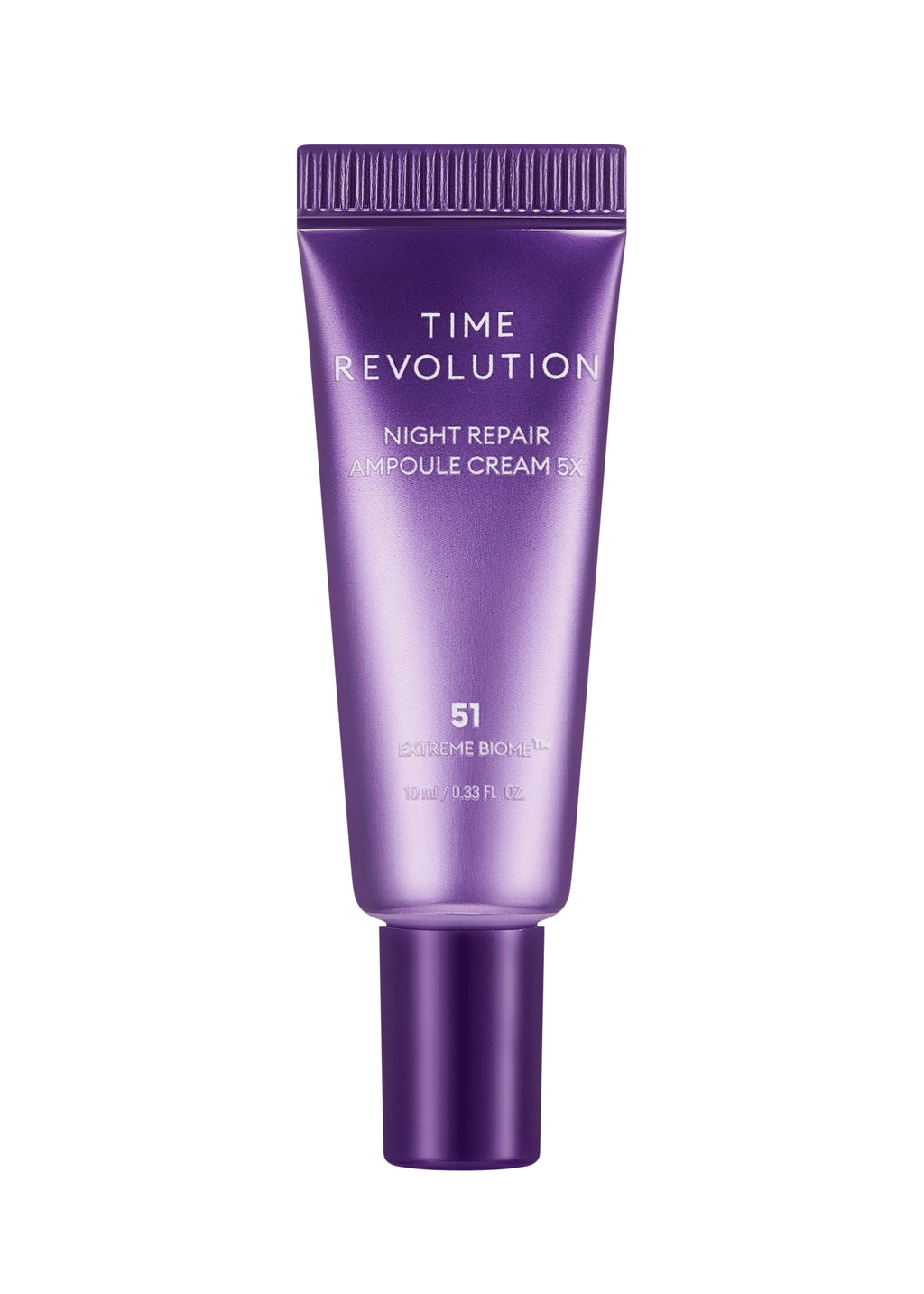 MISSHA Time Revolution Night Repair Ampoule Cream 5X mini tube with purple packaging, featuring Extreme Biome formula for firming and wrinkle care