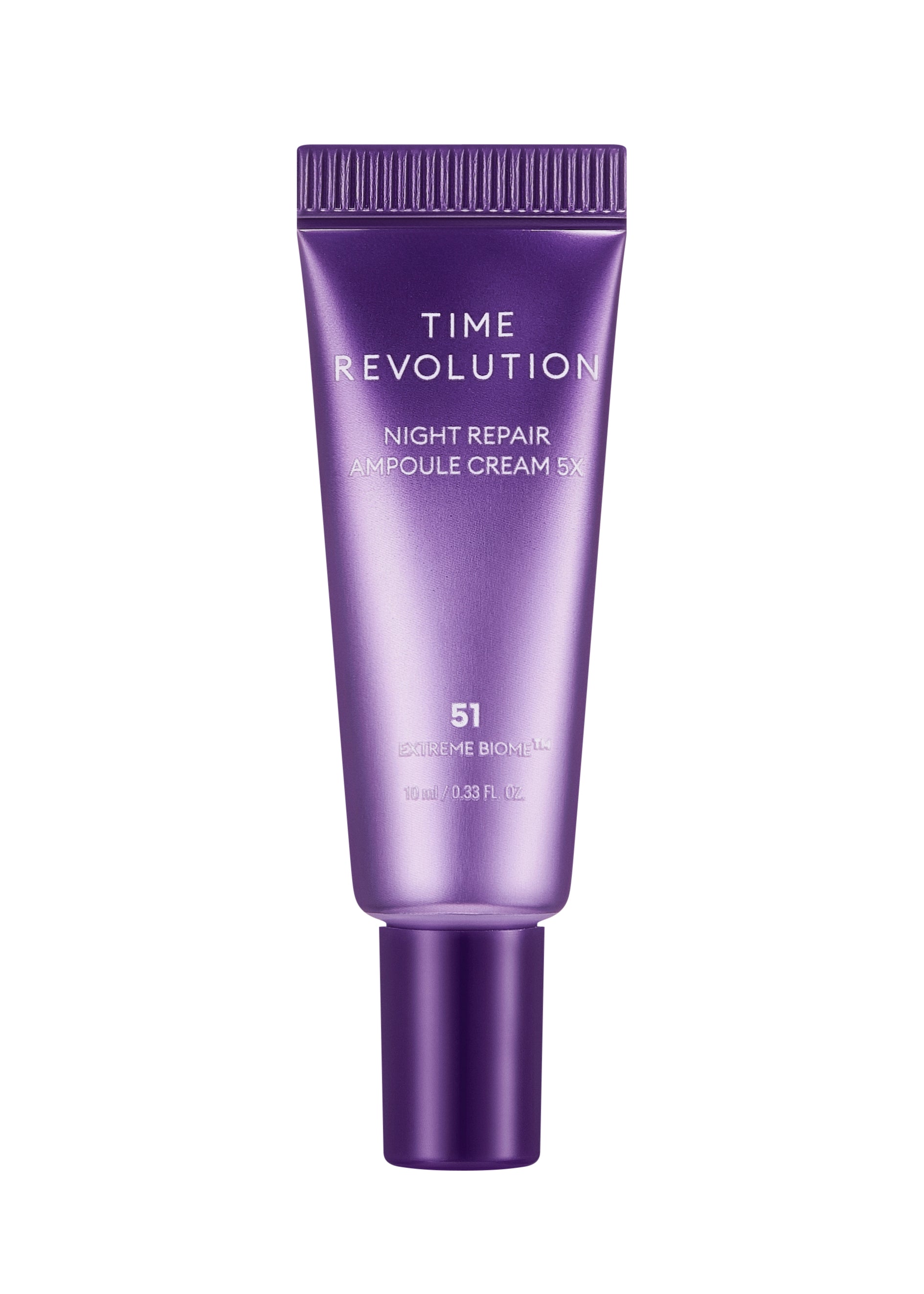 MISSHA Time Revolution Night Repair Ampoule Cream 5X mini tube with purple packaging, featuring Extreme Biome formula for firming and wrinkle care