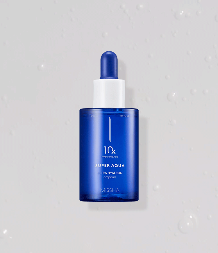 A blue glass ampoule with a dropper, labeled 'Missha Super Aqua Ultra Hyalron Ampoule' against a white background.