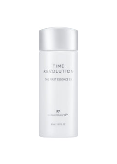 MISSHA Time Revolution The First Essence 5X mini bottle with sleek white packaging, powered by 97% Extreme Ferment α™ for bright, hydrated skin