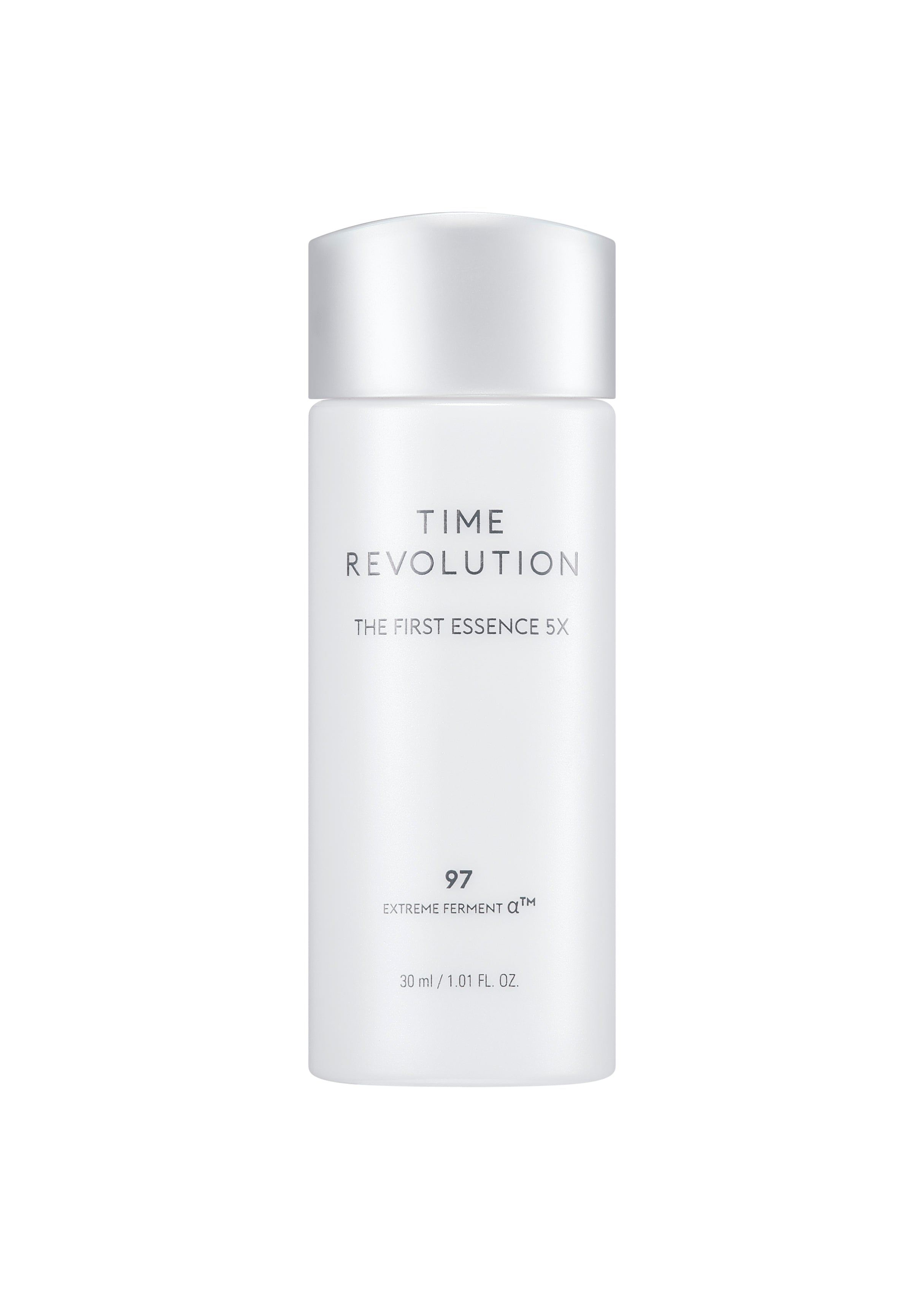 MISSHA Time Revolution The First Essence 5X bottle with minimalist white and silver design, featuring Extreme Ferment α™ technology for radiant, hydrated skin