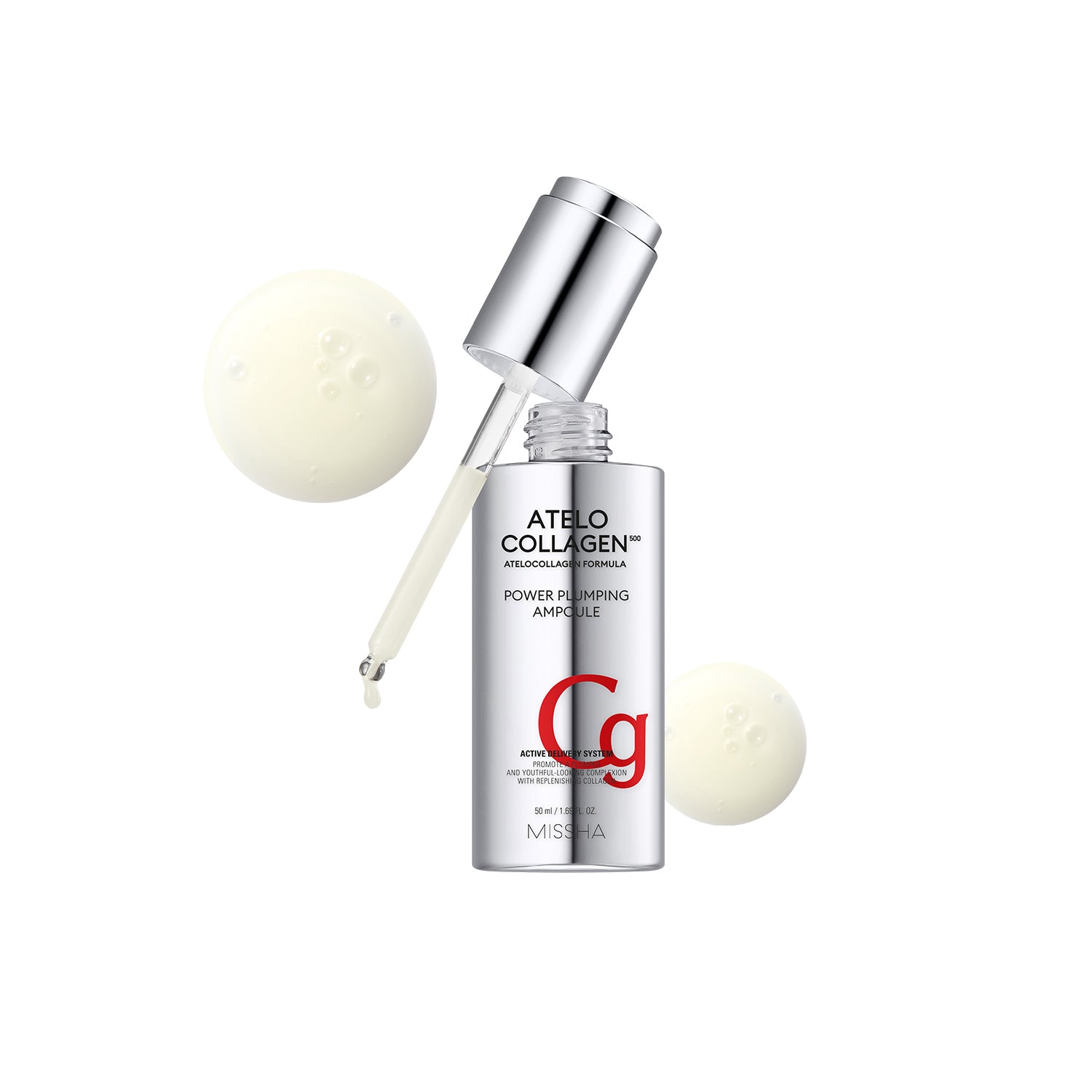 MISSHA Atelo Collagen 500 Power Plumping Ampoule with dropper and serum texture, featuring atelocollagen formula that boosts firmness and elasticity