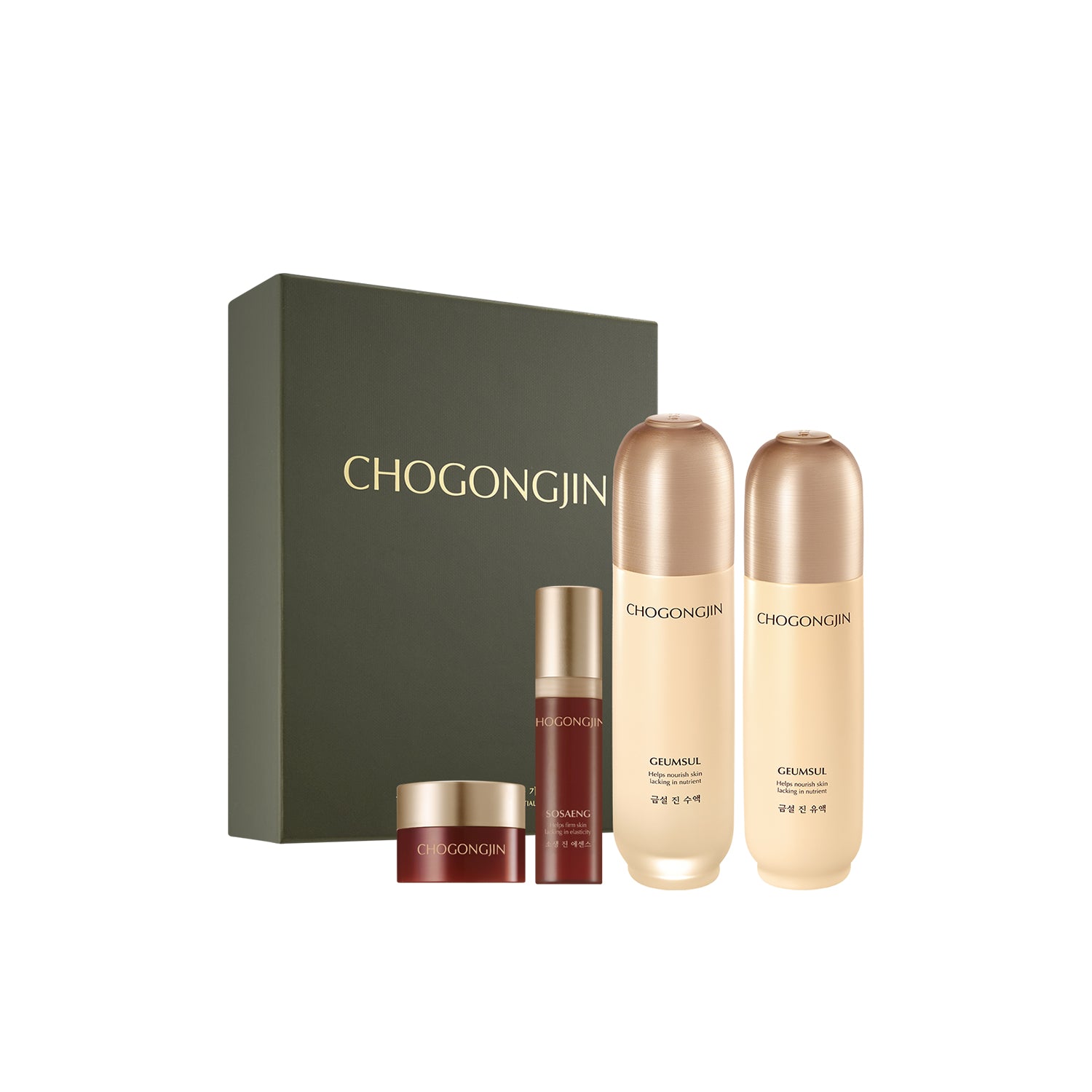 A collection of Chogongjin skincare products including a toner, emulsion, essence, and cream, presented with a bonus travel-size Sosaeng Essence and Cream. The items are displayed in front of a green box with the brand name.