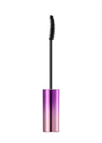 A wand of MISSHA Ultra Powerproof Thin Mascara with a brush, displayed on a reflective surface with a colorful, holographic background.