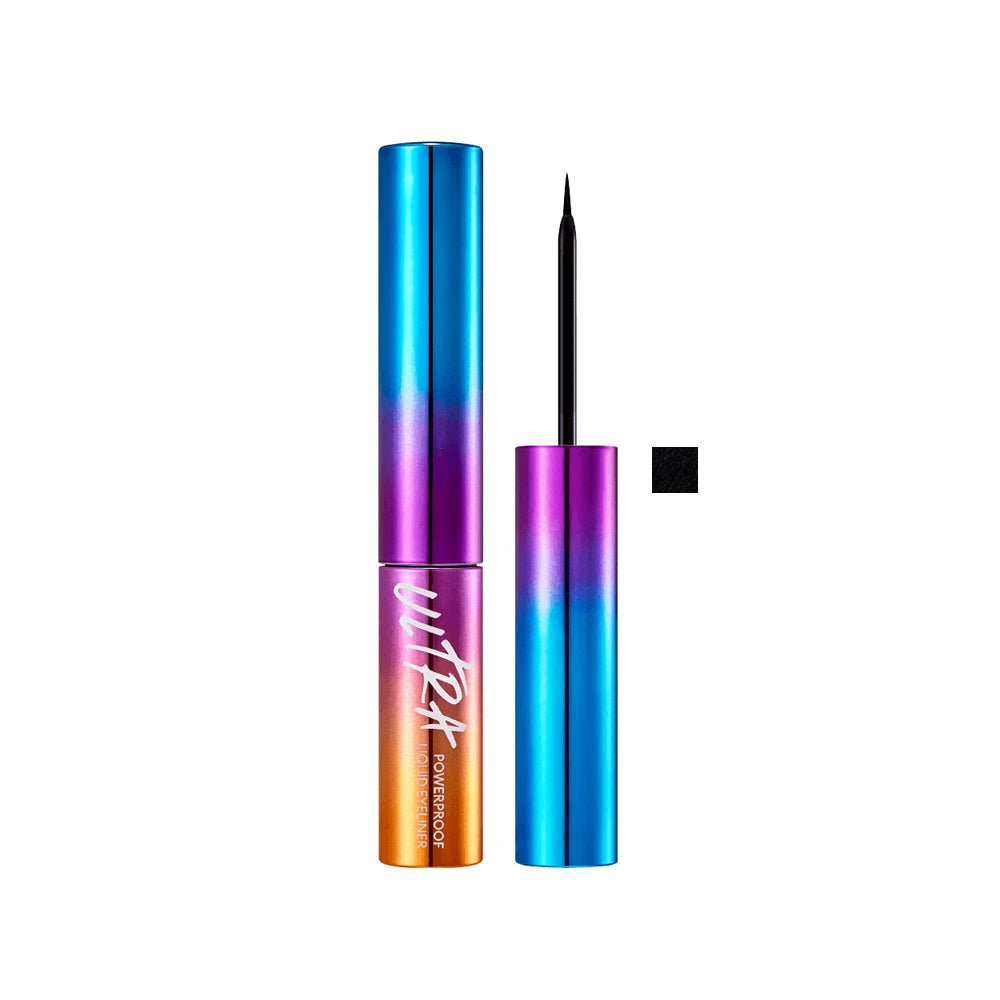 A colorful black liquid eyeliner pen with a cap, showing the product in a gradient of blue to orange hues.
