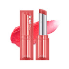 Three shades of Dare Tint Lip Balm by Missha, displayed horizontally. From left to right, the shades are Pink Chou, Dewy Berry, and Coral Look, with an open lip balm stick showing the product in use.