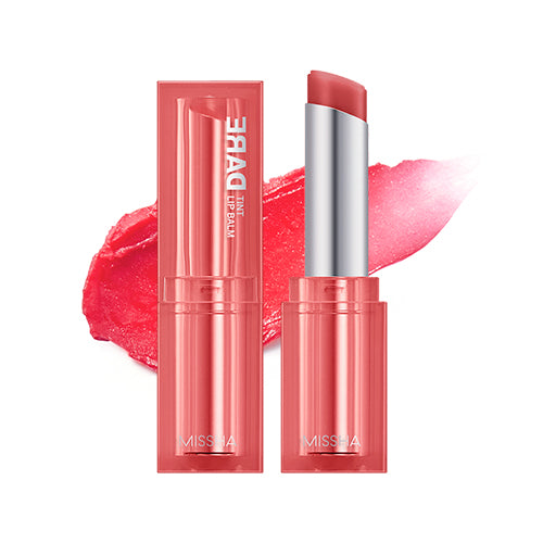Three shades of Dare Tint Lip Balm by Missha, displayed horizontally. From left to right, the shades are Pink Chou, Dewy Berry, and Coral Look, with an open lip balm stick showing the product in use.