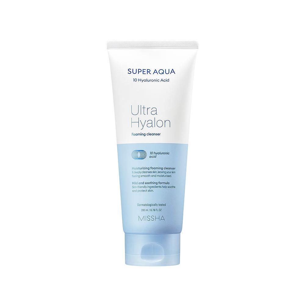 MISSHA Super Aqua Ultra Hyalron Cleansing Foam, Korean cleanser made with hyaluronic acid, effective for sensitive skin types