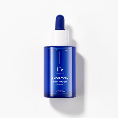 A blue glass ampoule with a dropper, labeled 'Missha Super Aqua Ultra Hyalron Ampoule' against a white background.