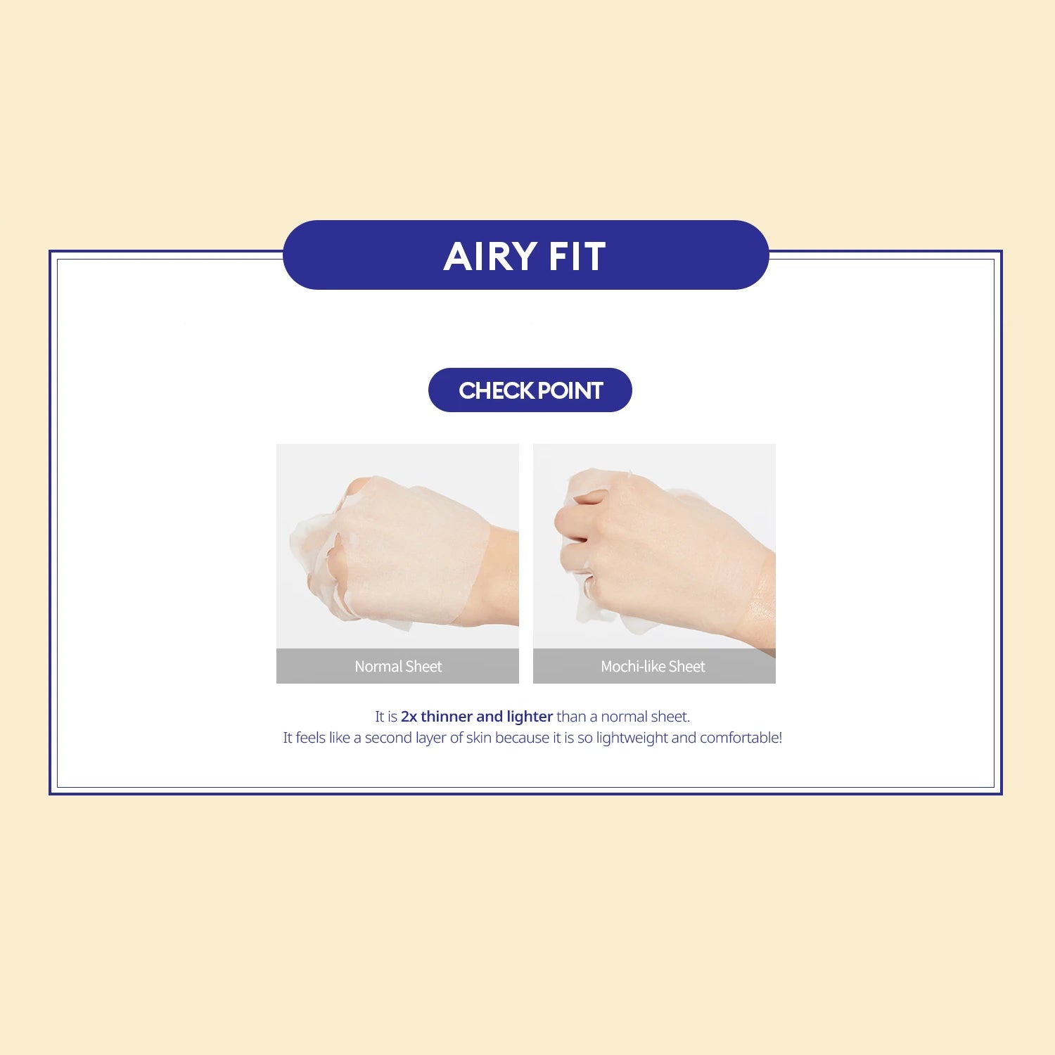 MISSHA Airy Fit infographic comparing a normal sheet and a mochi-like sheet. The mochi-like sheet is shown as thinner and more transparent, highlighting that it is twice as thin and lightweight, feeling like a second layer of skin.
