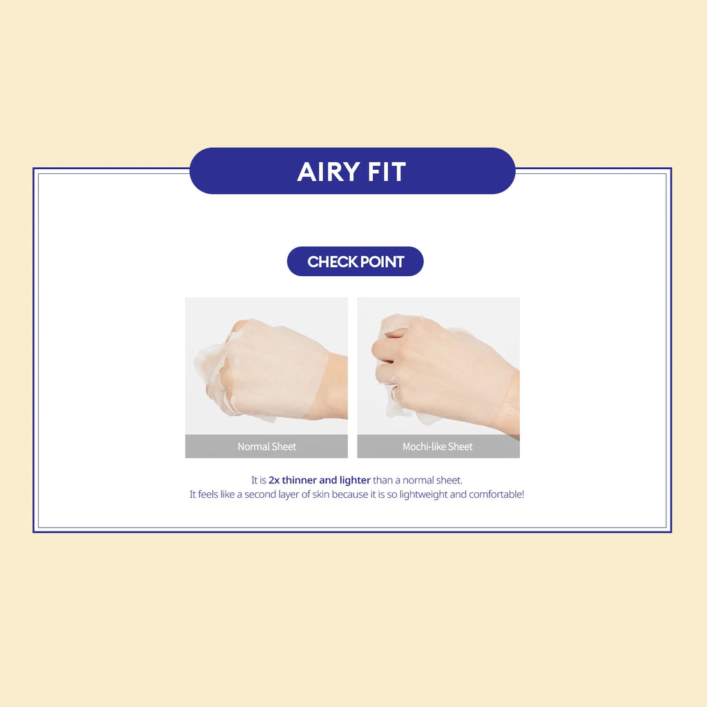 MISSHA Airy Fit infographic comparing a normal sheet and a mochi-like sheet. The mochi-like sheet is shown as thinner and more transparent, highlighting that it is twice as thin and lightweight, feeling like a second layer of skin.