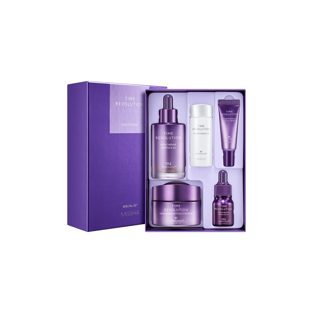 A cosmetic gift set by MISSHA, including a Time Revolution Night Repair Ampoule, Ampoule Cream, and The First Essence, packaged in a purple box with the products neatly displayed inside.