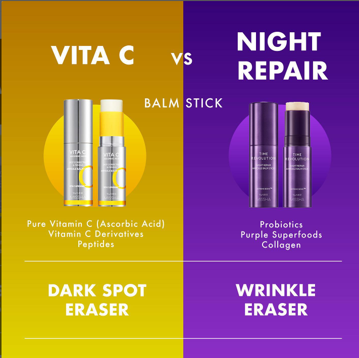 MISSHA Vita C Balm Stick vs Night Repair Balm Stick comparison chart showing brightening dark spot care with Vitamin C versus wrinkle care with probiotics and collagen