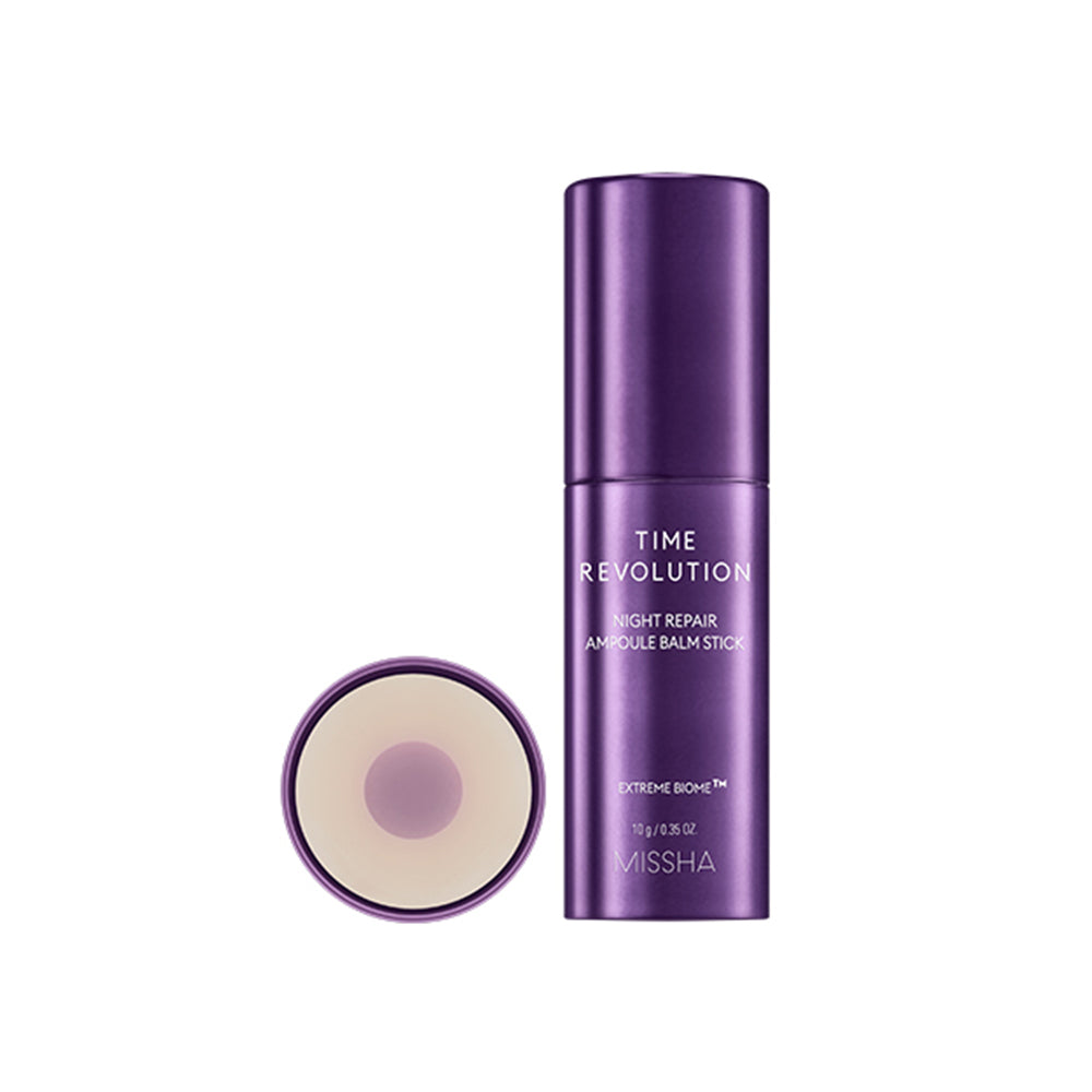 MISSHA Time Revolution Night Repair Ampoule Balm Stick with Extreme Biome™ formula, shown open to display the nourishing dual-core balm texture