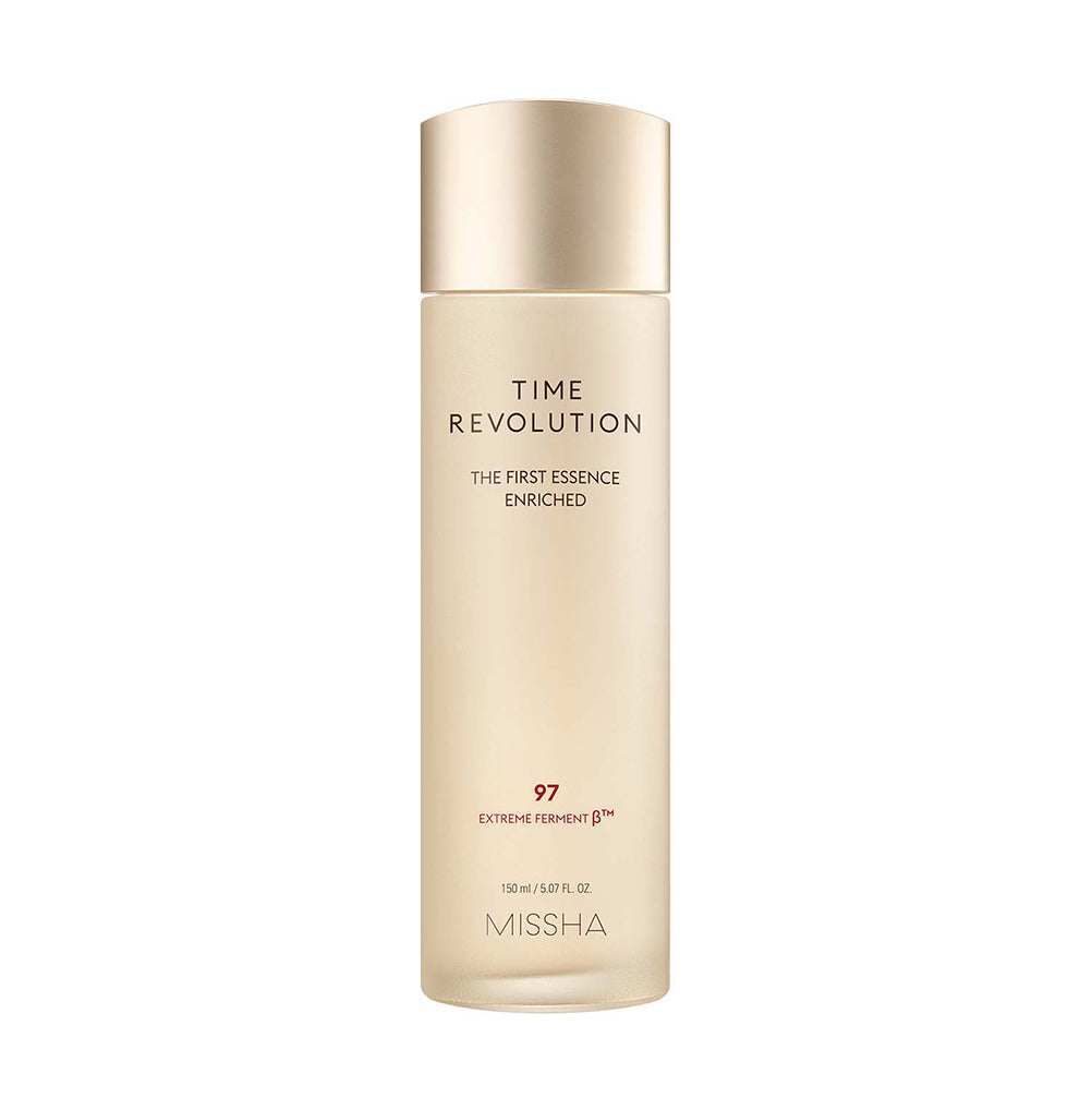 A bottle of 'Time Revolution The First Essence Enriched' by Missha, which is a skin care product.