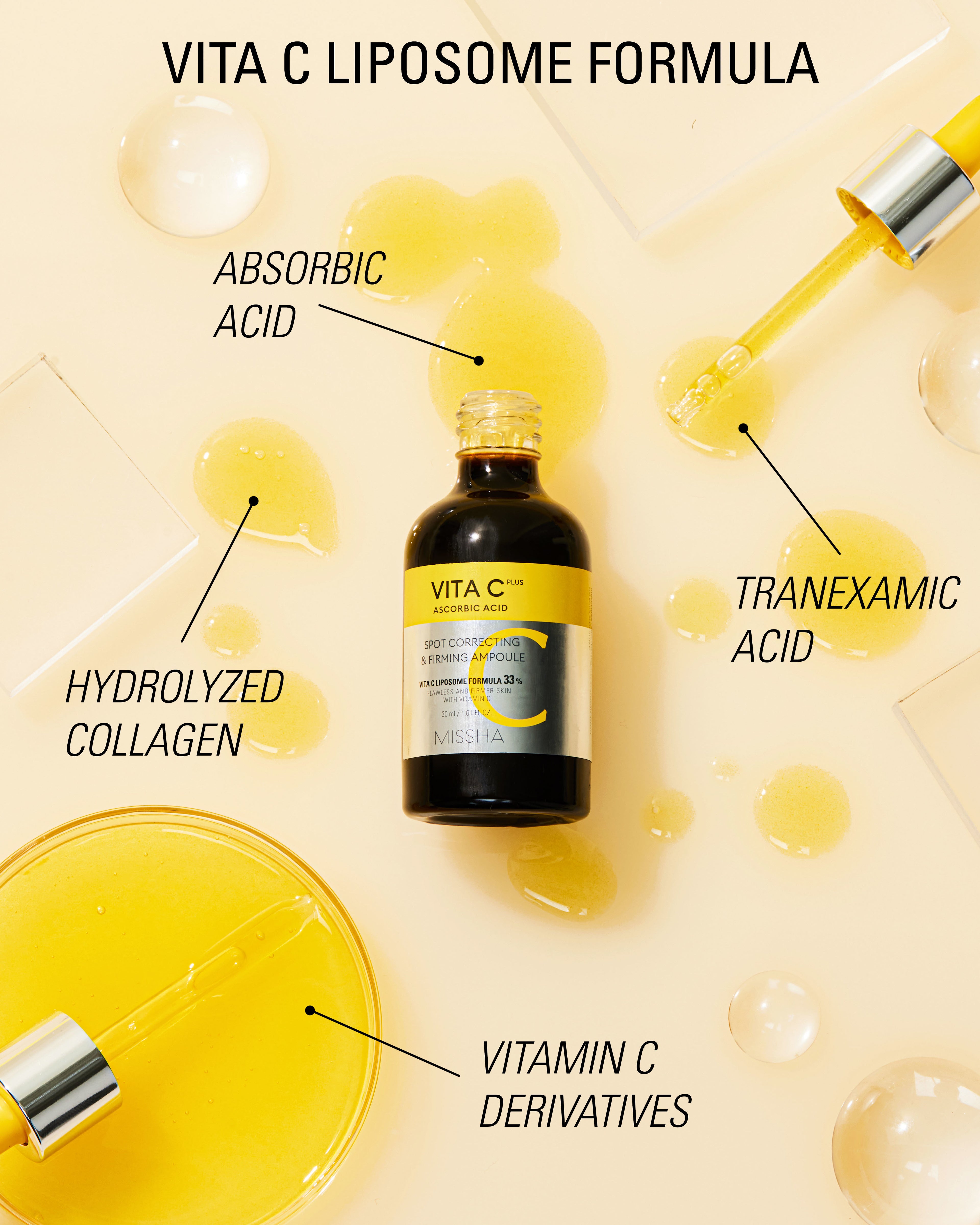 MISSHA Vita C Plus Spot Correcting & Firming Ampoule featuring Vitamin C Liposome Formula with Ascorbic Acid, Tranexamic Acid, Collagen, and Vitamin C Derivatives for brightening and firming skin