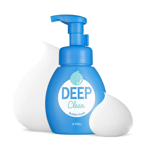 Blue bottle of A'PIEU Deep Clean Bubble Foam on a white background
