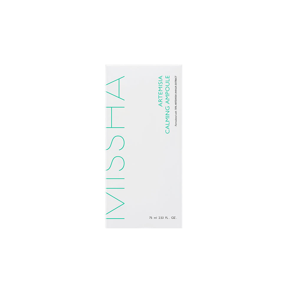 The minimalist, rectangular white box packaging for the Missha Time Revolution Artemisia Calming Ampoule. The product name is printed vertically in a calming mint green font, signaling the soothing benefits of the Artemisia extract for sensitive skin.