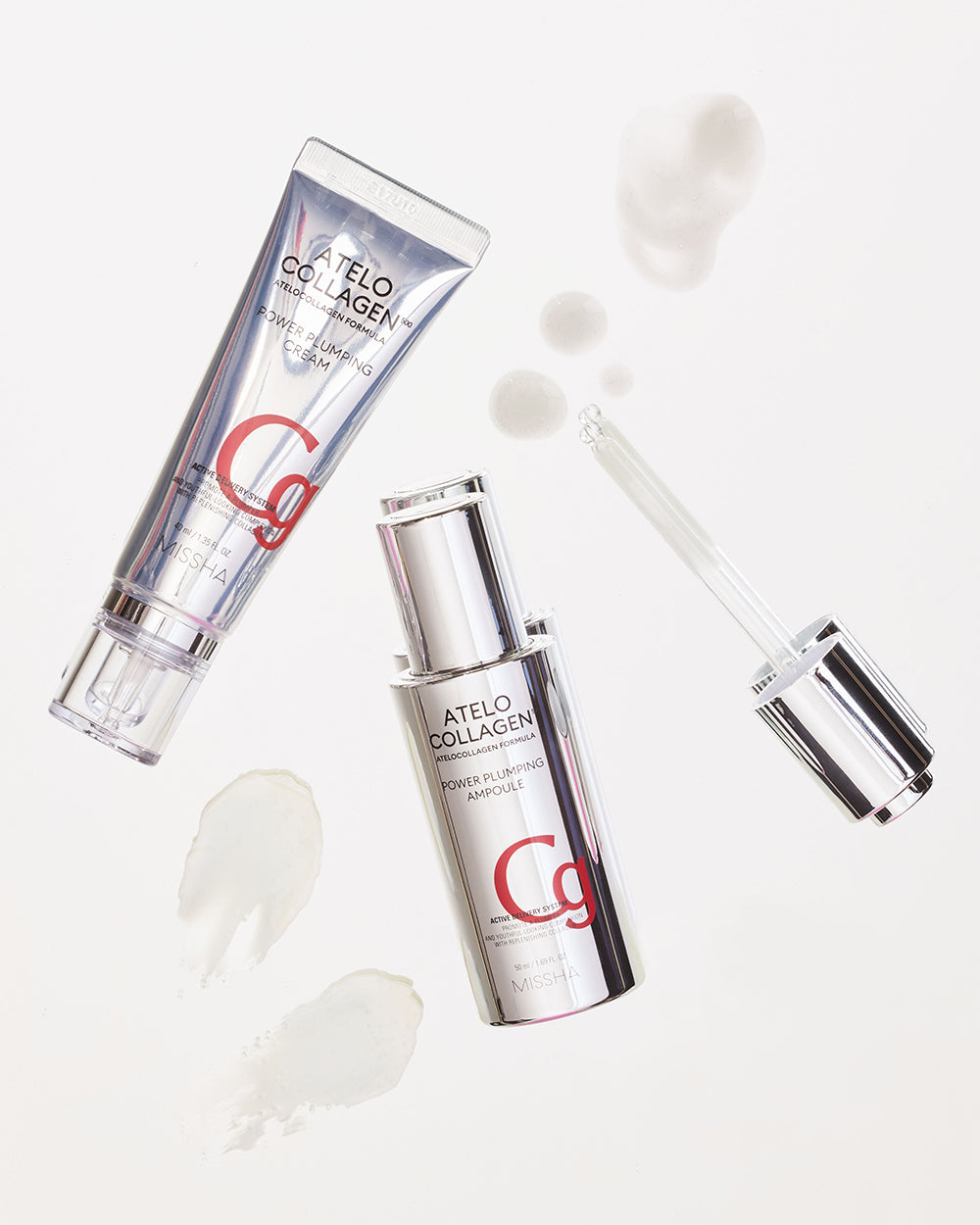 MISSHA Atelo Collagen 500 Power Plumping skincare duo featuring ampoule and cream with atelocollagen formula for firm, plump, youthful-looking skin.