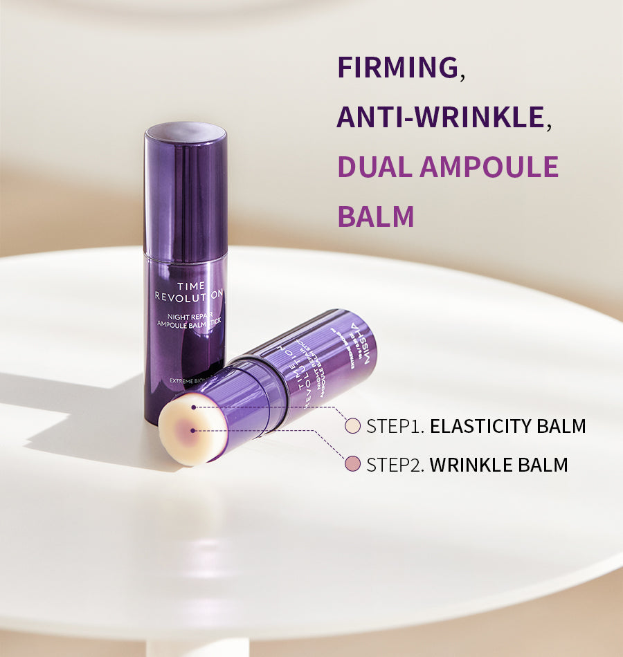 MISSHA Time Revolution Night Repair Ampoule Balm Stick with dual-core elasticity and wrinkle balm formula for firming and anti-wrinkle care.
