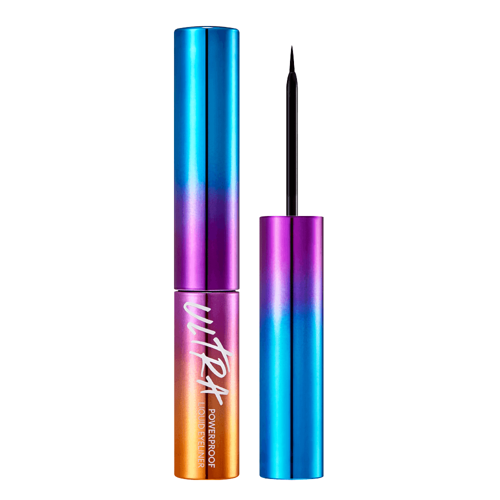 A colorful liquid eyeliner bottle with a blue, purple, and orange gradient. The eyeliner is drawn in a clean, sharp line on a secondary image.
