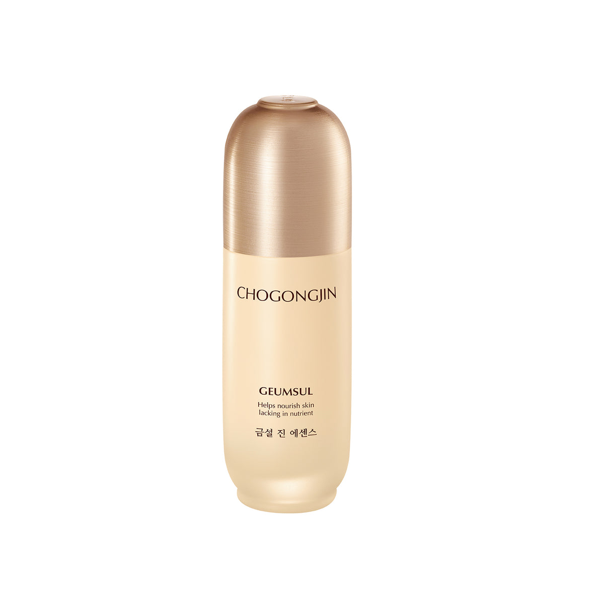 A bottle of Chogongjin Geumsul Jin Essence with a creamy beige liquid visible through a clear glass container with a gold-colored cap.