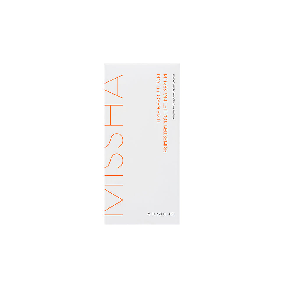 The rectangular, white and orange packaging box for the full-sized Missha Time Revolution Primestem 100 Lifting Serum (75ml). The text clearly labels the product name, emphasizing the K-beauty serum for a lifting and firming effect.