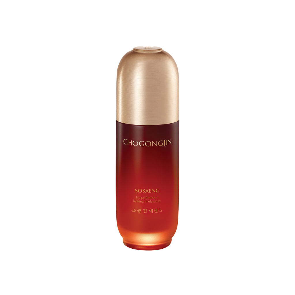 A bottle of Chogongjin Sosaeng Jin Essence with a red and transparent design, featuring a golden cap and label with Korean text.